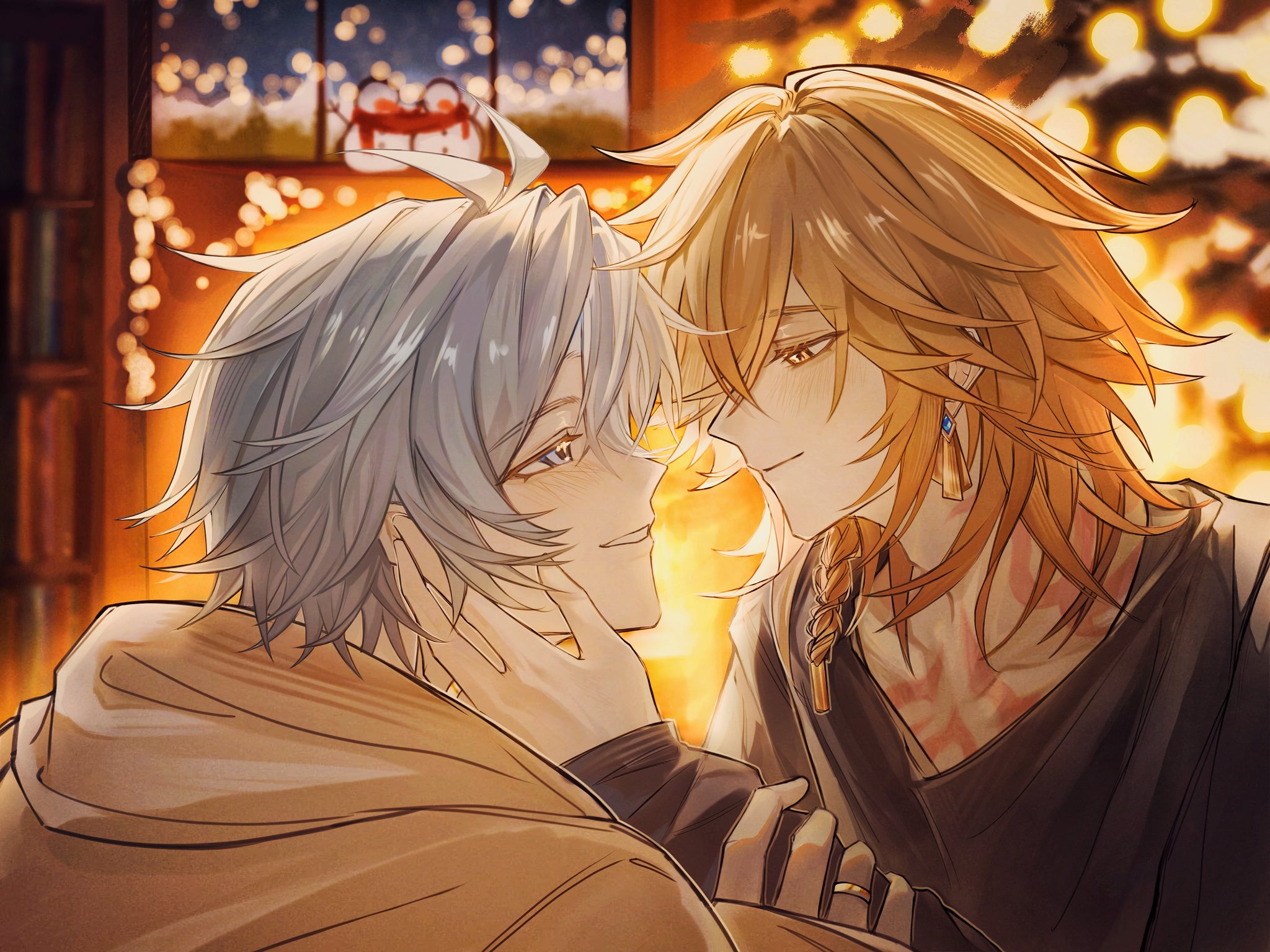 mydei (honkai: star rail), phainon (honkai: star rail), honkai: star rail, honkai (series), commentary, highres, 2boys, antenna hair, black shirt, blonde hair, blue eyes, blush, braid, chest tattoo, earrings, facial tattoo, from side, gold earrings, gradient hair, hand on another's face, hood, hood down, hoodie, jewelry, male focus, marrett80863, medium hair, multicolored hair, multiple boys, profile, red hair, red tattoo, shirt, short hair, side braid, tattoo, white hair, yaoi, yellow eyes, yellow hoodie