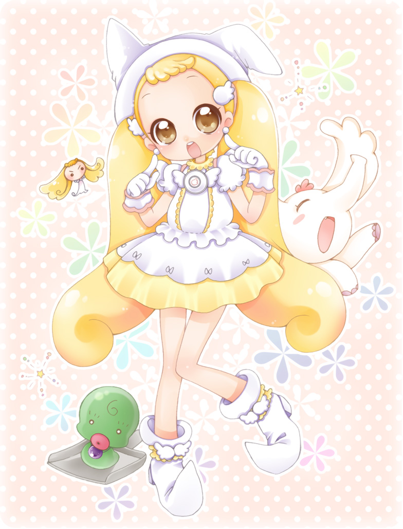 mochi (motyoko), pao, toto, majo rika, majorika, makihatayama hana, pao-chan, ojamajo doremi, 1girl, blonde hair, boots, brown eyes, child, dress, dustpan, earrings, elephant, fairy, gloves, hat, high heels, jewelry, long hair, magical girl, open mouth, pointing, polka dot, shoes, thigh gap, thighs, twintails, very long hair