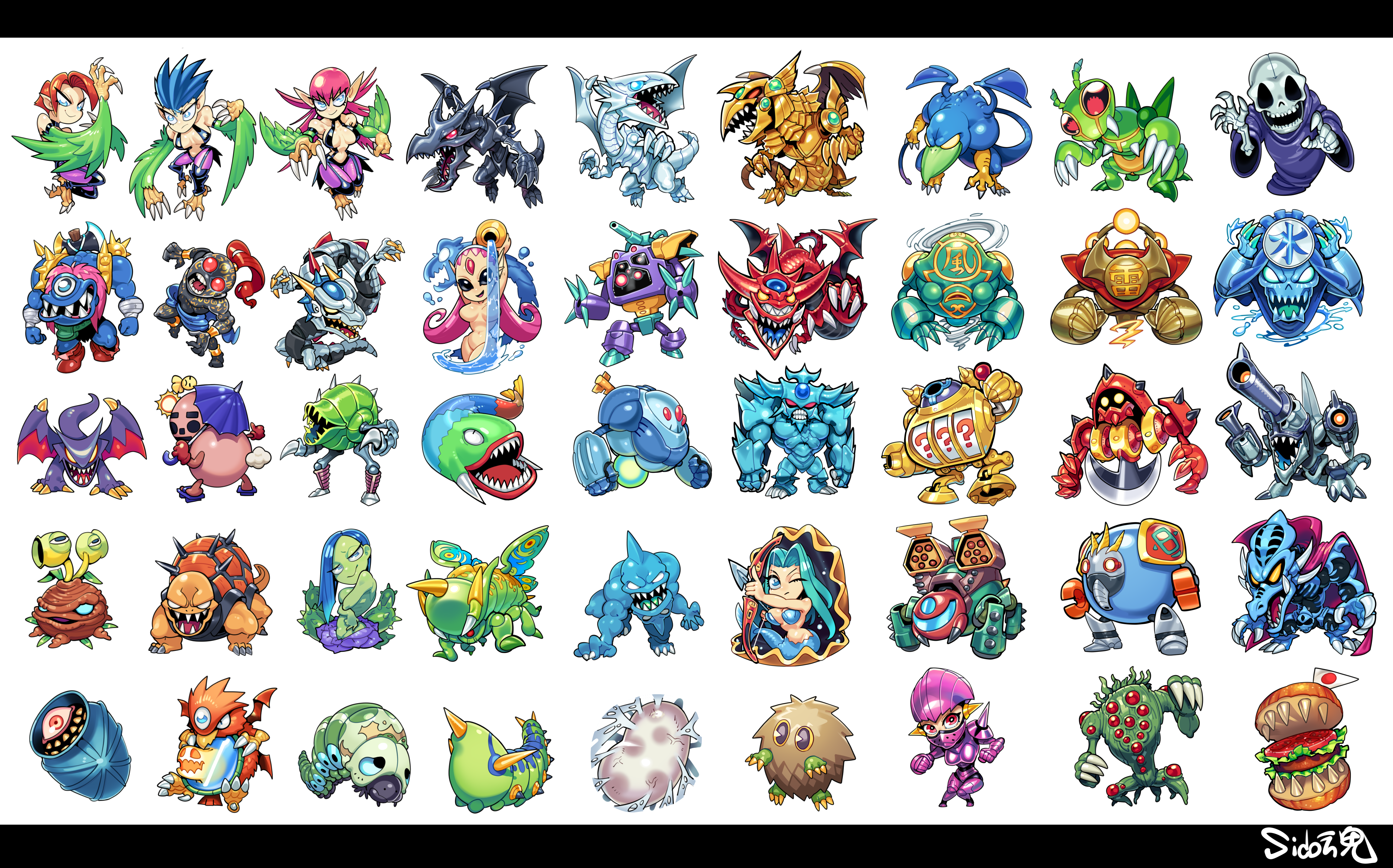 sido (slipknot), blue-eyes white dragon, harpie lady, harpie lady 1, harpie lady 2, harpie lady 3, hungry burger, kazejin, kuriboh, larvae moth, morphing jar, obelisk the tormentor, osiris the sky dragon, red-eyes black dragon, red archery girl, sanga of the thunder, skull servant, suijin, the winged dragon of ra, water omotics, zera the mant, yu-gi-oh!, absurdres, highres, 7 colored fish, aerokinesis, animal focus, aqua eyes, archery, arlownay, arrow (projectile), axe, bare shoulders, barrel dragon, basic insect, beak, blue eyes, blue tongue, blue wings, bodysuit, bow, breasts, brown fur, bug, burger, cannon, cannon soldier, cape, caterpillar, chibi, chibi only, claws, cleavage, cocoon, cocoon of evolution, codpiece, colored skin, colored tongue, cyber soldier, dragon, dragon tail, dragon wings, duel monster, extra eyes, feathered wings, feathers, fiend reflection, firegrass, fish, food, food-themed creature, full body, giant turtle who feeds on flames, grasshopper, great moth, green feathers, green skin, green tongue, gun, handgun, harpy, helmet, hydrokinesis, insect, jar, kotodama (yu-gi-oh), koumori dragon, kurama (yu-gi-oh!), launcher spider, mandrake, metal dragon (yu-gi-oh), mini flag, monster girl, no humans, non-humanoid robot, nostrils, open mouth, pale beast, pendulum machine, petit moth, pink bodysuit, pink hair, pointy ears, power suit, purple robe, red cape, red eyes, revolver, robe, robolady, robot, robot animal, rocket launcher, royal guard (yu-gi-oh), sengenjin, shadow ghoul (yu-gi-oh!), sharp teeth, shoulder spikes, signature, simple background, skeleton, slot machine, slot machine (yu-gi-oh!), solo, spiked snail, spikes, standing, tail, teeth, turtle, umbrella, water, weapon, weather report (yu-gi-oh), white background, wind, winged arms, wings, yellow eyes