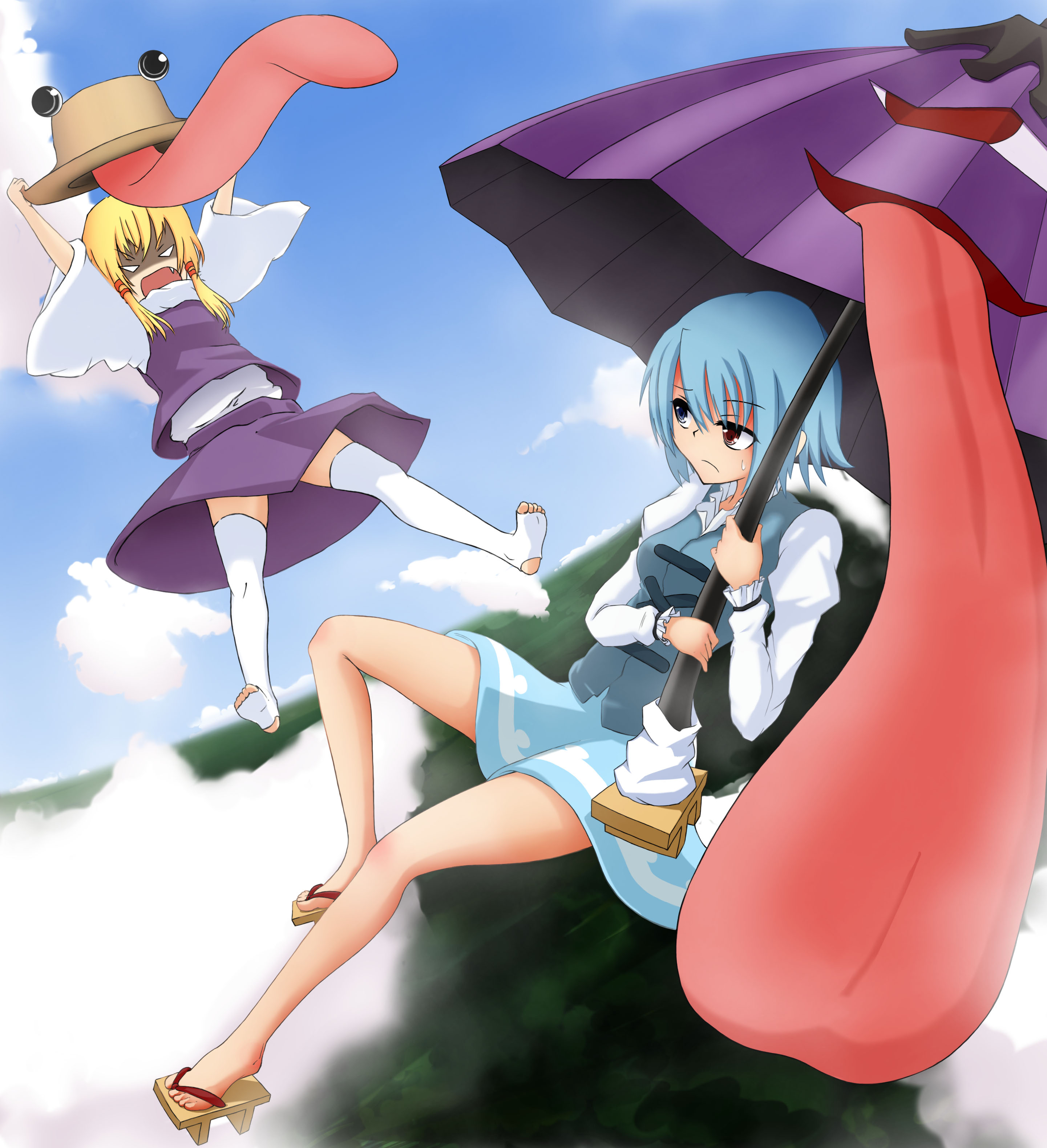 iny, moriya suwako, pyonta, tatara kogasa, touhou, absurdres, highres, 2girls, angry, barefoot, blonde hair, blue eyes, blue hair, day, female focus, geta, hat, heterochromia, karakasa obake, living clothes, multiple girls, red eyes, sandals, short hair, sky, thighhighs, toeless legwear, tongue, umbrella