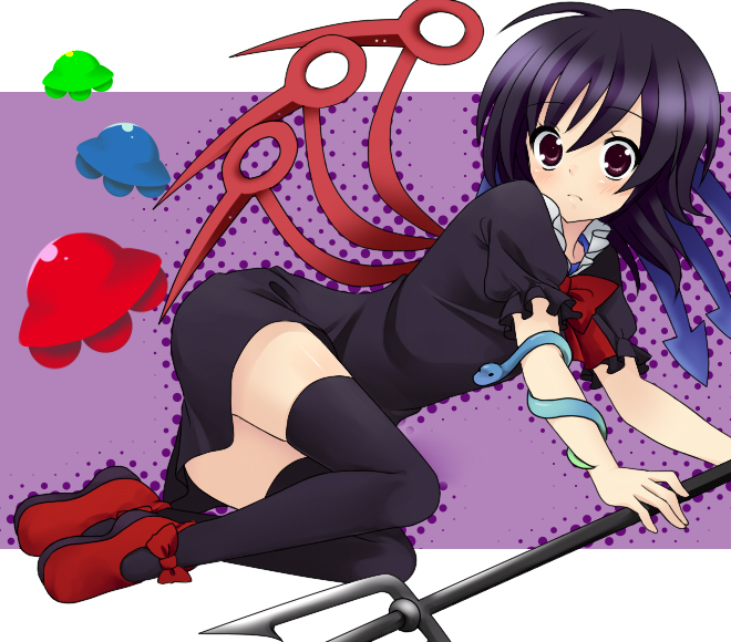 etou (cherry7), houjuu nue, touhou, bad id, bad pixiv id, 1girl, black hair, black thighhighs, dress, female focus, halftone, halftone background, polearm, red eyes, short hair, snake, solo, spear, thighhighs, trident, ufo, weapon, wings