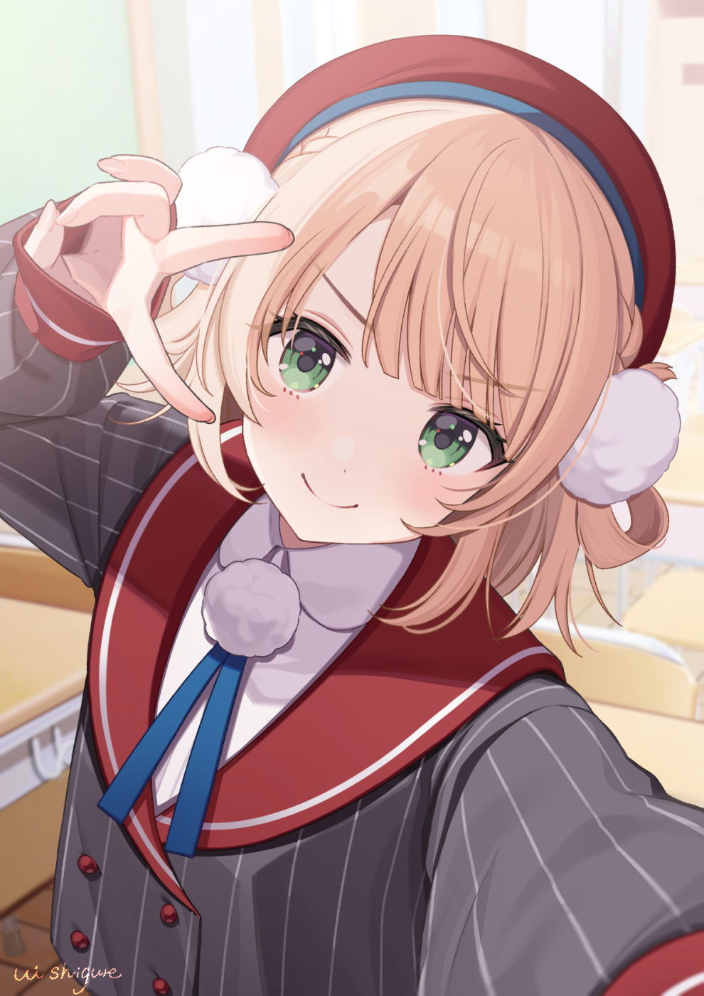shigure ui, shigure ui (1st costume) (vtuber), shigure ui (vtuber), indie virtual youtuber, commentary request, highres, 1girl, beret, blonde hair, blue ribbon, blunt bangs, braid, buttons, classroom, closed mouth, collared shirt, double-breasted, dress shirt, green eyes, grey jacket, hair ornament, hair rings, hat, jacket, long sleeves, neck ribbon, outstretched arm, pinstripe jacket, pinstripe pattern, pom pom (clothes), pom pom hair ornament, reaching, reaching towards viewer, red sailor collar, ribbon, round collar, sailor collar, school uniform, self-portrait, selfie, shirt, short hair, side braid, side part, side up ring, sleeve cuffs, smile, solo, swept bangs, v, virtual youtuber, white shirt