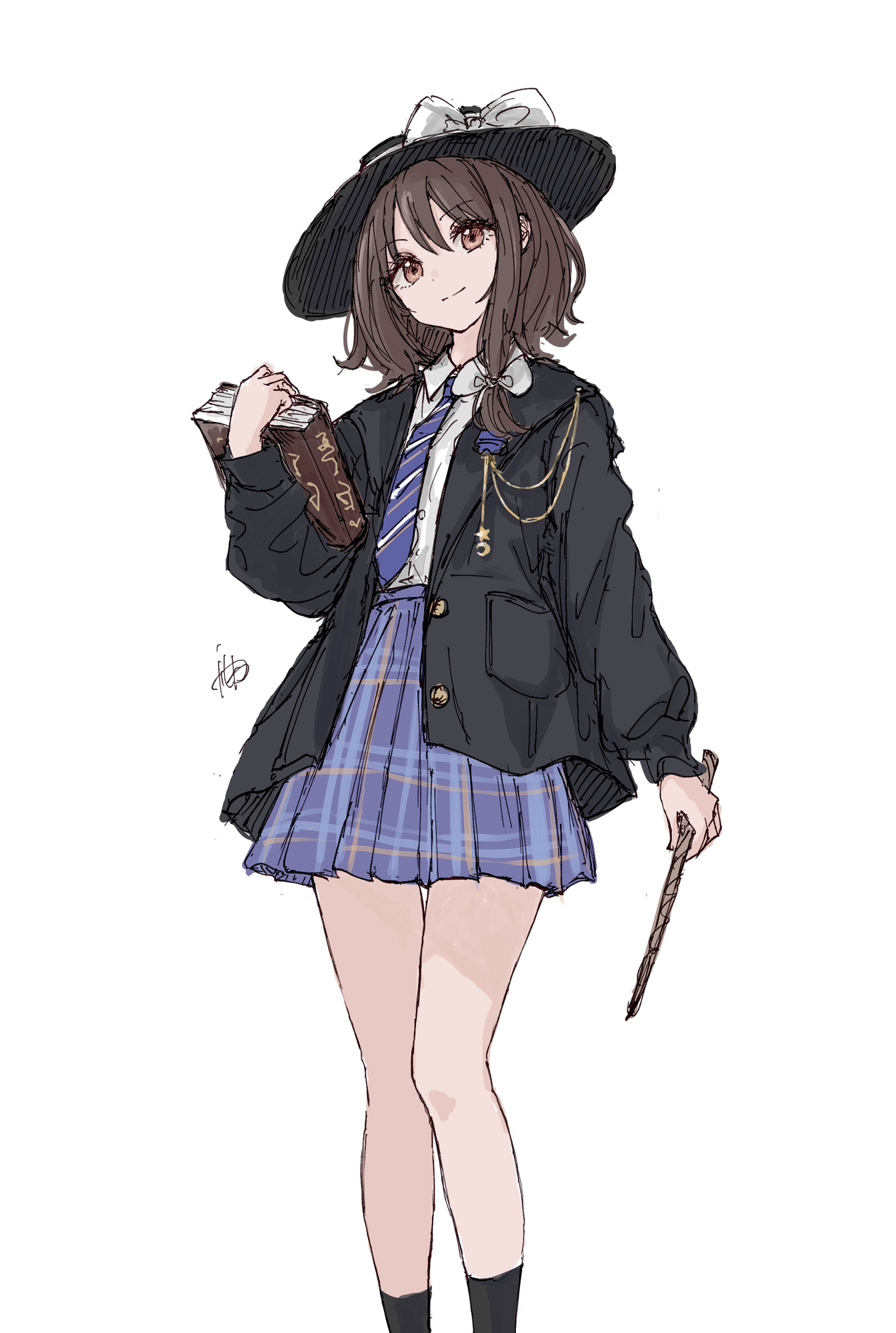kashiwada kiiho, usami renko, harry potter (series), touhou, wizarding world, highres, 1girl, alternate costume, asymmetrical hair, black coat, black hat, black socks, blue necktie, blue skirt, book, bow, brown eyes, brown hair, buttons, closed mouth, coat, collared shirt, crescent ornament, diagonal-striped clothes, diagonal-striped necktie, dress shirt, hair between eyes, hair bow, hat, hat bow, holding, holding book, holding wand, long sleeves, looking at viewer, medium hair, necktie, plaid clothes, plaid skirt, shirt, shirt tucked in, signature, simple background, skirt, smile, socks, solo, standing, star ornament, striped clothes, wand, white background, white bow, white shirt