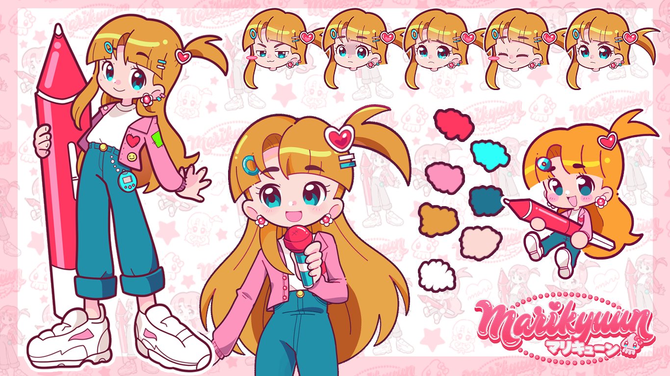 marikyuunn, marikyuunn (classic) (vtuber), marikyuunn (vtuber), indie virtual youtuber, commentary, english commentary, 1girl, :3, :d, ^ ^, annoyed, arched bangs, artist logo, artist name, artist self-insert, badge, blue eyes, blue pants, blush, blush stickers, border, button badge, buttons, character background, chibi, chibi inset, closed eyes, closed mouth, color guide, crying, crying with eyes open, denim, doyagao, earclip, earrings, facing viewer, fingernails, flower earrings, frown, full body, furrowed brow, hair ornament, hairclip, hairpin, hand up, happy, heart, heart hair ornament, heart print, holding, holding microphone, holding stylus, jacket, jeans, jewelry, jitome, lapels, logo, long hair, long sleeves, looking at viewer, microphone, multiple expressions, multiple hairpins, multiple views, one side up, open clothes, open jacket, open mouth, orange hair, outline, outside border, pants, pants rolled up, pink border, pink jacket, print jacket, prototype design, sad, shaded face, shirt, shirt tucked in, shoe soles, shoes, single blush sticker, single sidelock, smile, smiley face, smug, sneakers, standing, stylus, tareme, tears, thick eyebrows, very long hair, virtual pet (toy), virtual youtuber, white background, white outline, white shirt, white shoes