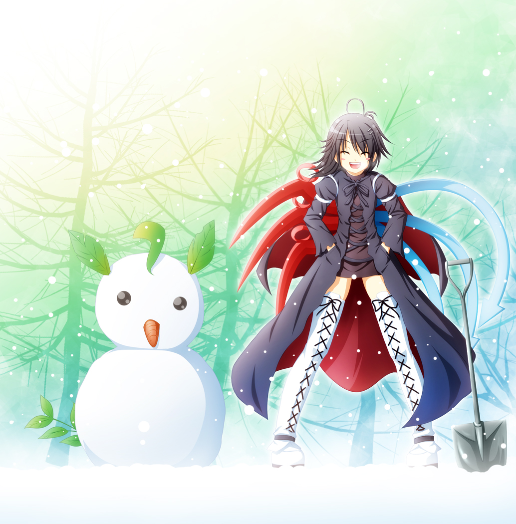 akashio (loli ace), hijiri byakuren, houjuu nue, touhou, 1girl, ahoge, black hair, boots, cape, carrot, cosplay, dress, female focus, gradient background, hijiri byakuren (cosplay), nature, outdoors, plant, short hair, shovel, snow, snowman, solo, thigh boots, thighhighs, white background, wings, worktool