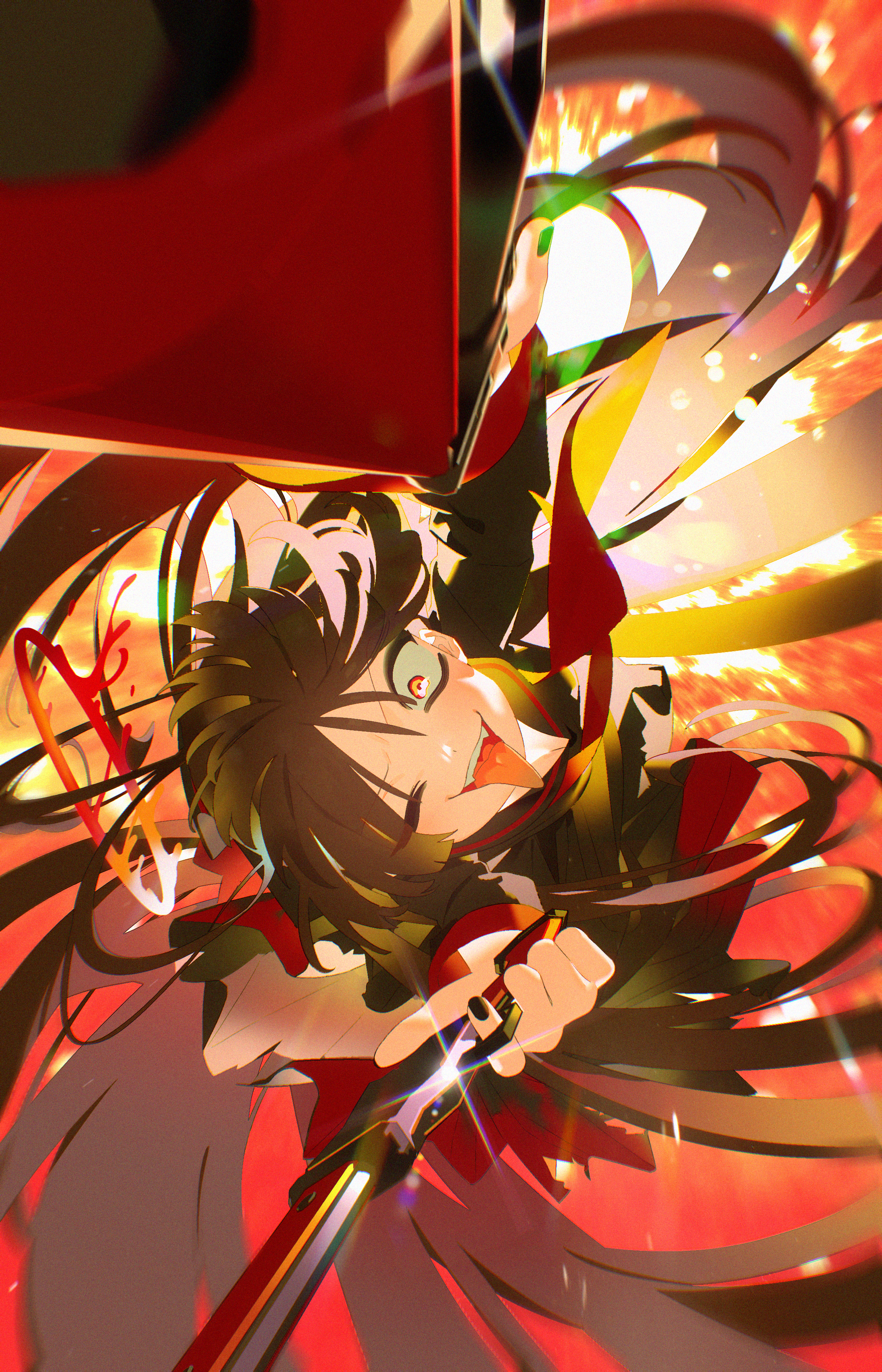 bm tol, tsurugi (blue archive), blue archive, absurdres, highres, 1girl, ;o, arm up, black hair, black nails, black serafuku, fingernails, foreshortening, gun, halo, holding, holding gun, holding weapon, long sleeves, looking at viewer, melting halo, nail polish, one eye closed, red eyes, red halo, school uniform, serafuku, solo, tongue, tongue out, weapon, winchester model 1887