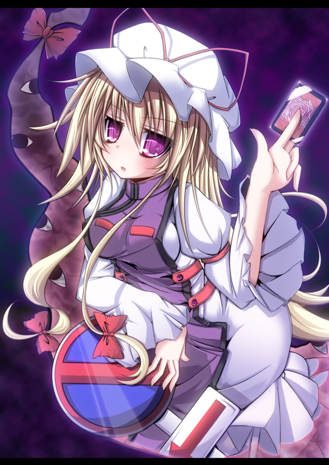 futase hijiri, sousera kiyoshi, yakumo yukari, touhou, md5 mismatch, revision, tagme, 1girl, arrow (symbol), blonde hair, card, dress, female focus, gap (touhou), hat, holding, holding card, long hair, looking at viewer, mob cap, no parking sign, purple eyes, road sign, sign, solo, tabard, white dress