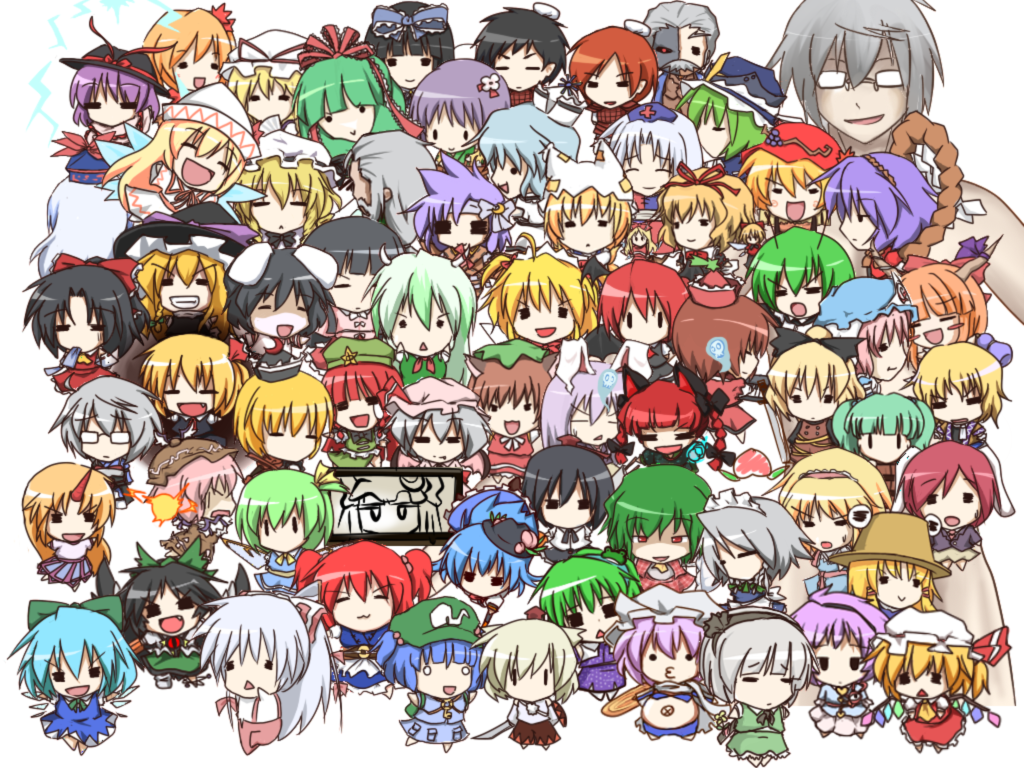 taniya raku, aki minoriko, aki shizuha, alice margatroid, chen, cirno, daiyousei, erich (seihou), ex-keine, flandre scarlet, fujiwara no mokou, hakurei reimu, hieda no akyuu, hinanawi tenshi, hong meiling, hoshiguma yuugi, hourai doll, houraisan kaguya, ibuki suika, inaba tewi, inubashiri momiji, izayoi sakuya, kaenbyou rin, kagiyama hina, kamishirasawa keine, kawashiro nitori, kazami yuuka, kirisame marisa, kisume, koakuma, kochiya sanae, komeiji satori, konpaku youki, konpaku youmu, kurodani yamame, letty whiterock, lily white, luna child, lunasa prismriver, lyrica prismriver, mannosuke, medicine melancholy, merlin prismriver, mizuhashi parsee, morichika rinnosuke, moriya suwako, mystia lorelei, nagae iku, onozuka komachi, patchouli knowledge, reisen, reisen udongein inaba, reiuji utsuho, remilia scarlet, rumia, saigyouji yuyuko, sasaki rinbokusan, shameimaru aya, shiki eiki, star sapphire, su-san, sunny milk, wriggle nightbug, yagokoro eirin, yakumo ran, yakumo yukari, yasaka kanako, original, seihou, touhou, light purple hair, annotated, bad id, bad pixiv id, . ., 4boys, 6+girls, :<, :3, :d, = =, animal ears, ascot, bat wings, black hair, blonde hair, blue hair, blush stickers, brown hair, bucket, cat ears, chibi, dual persona, everyone, fang, fat, glasses, green hair, grey hair, grin, hair bobbles, hair ornament, hat, head wings, horn ornament, horn ribbon, horns, in bucket, in container, lightning, multicolored hair, multiple boys, multiple girls, navel, o3o, open mouth, orange hair, pink hair, plaid clothes, plaid skirt, plaid vest, purple hair, rabbit ears, red hair, ribbon, side ponytail, single horn, skirt, skirt set, smile, two side up, vest, wings, witch, witch hat, | |