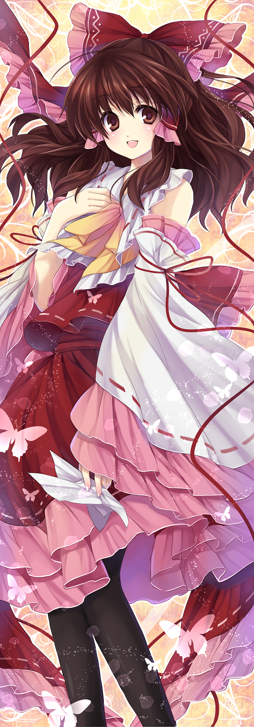 hagiwara rin, hakurei reimu, touhou, bad id, bad pixiv id, highres, long image, tall image, 1girl, ascot, black leggings, black thighhighs, bow, brown eyes, brown hair, bug, butterfly, detached sleeves, embellished costume, female focus, frills, gathers, hair bow, hand on own chest, insect, japanese clothes, leggings, lolita fashion, long hair, miko, open mouth, pantyhose, shadow, smile, solo, thighhighs, wa lolita