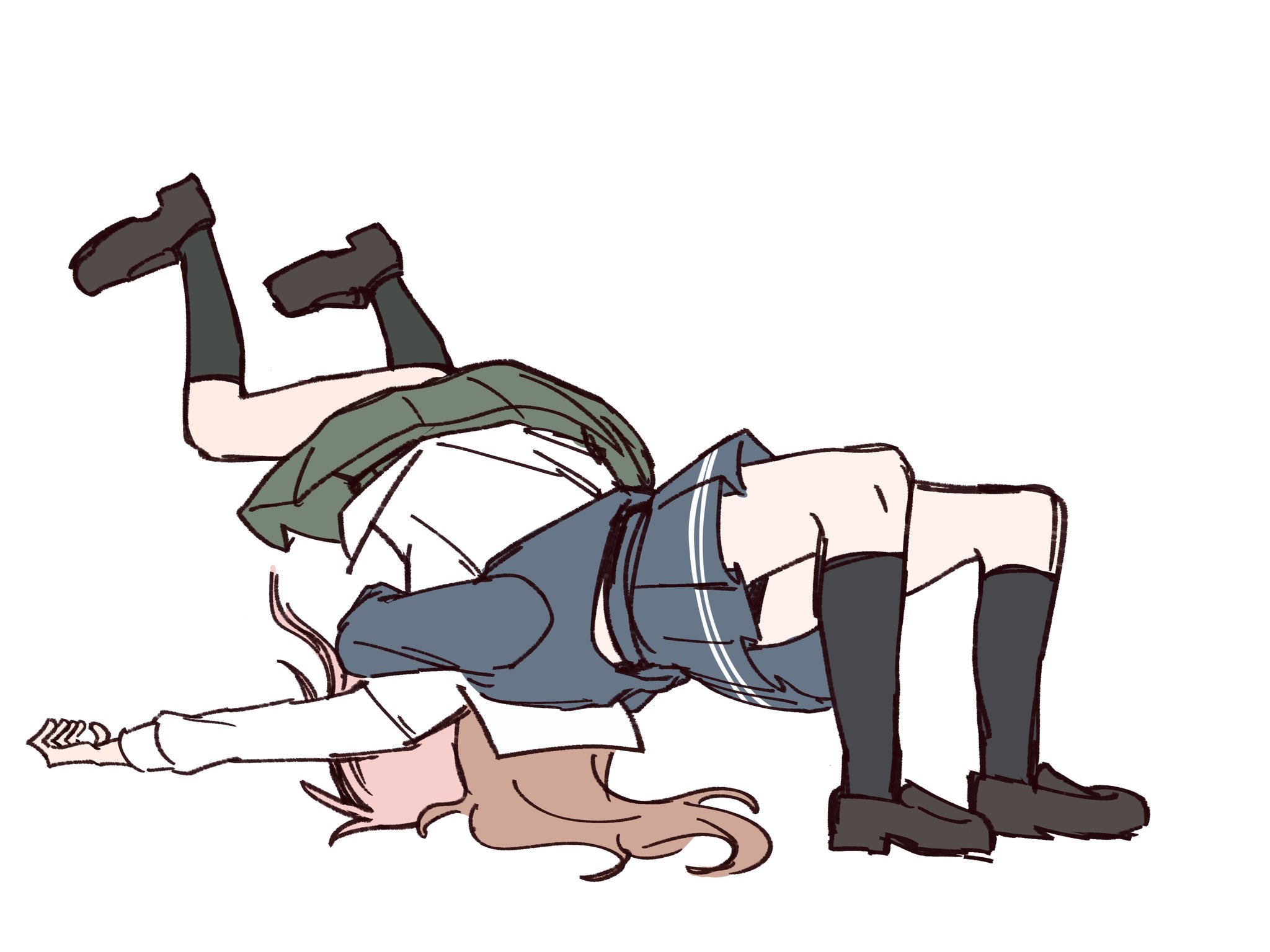 shibadooog, chihaya anon, nagasaki soyo, bang dream!, bang dream! it's mygo!!!!!, commentary request, highres, 2girls, black shoes, black socks, blue shirt, blue skirt, brown hair, german suplex, haneoka school uniform, kneehighs, long hair, multiple girls, pink hair, pleated skirt, school uniform, shirt, shoes, simple background, skirt, socks, suplex, tsukinomori school uniform, white background, white shirt