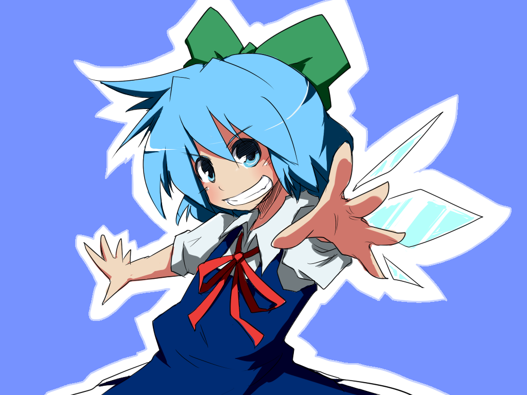 taniya raku, cirno, touhou, touhou hisoutensoku, blue background, blue eyes, blue hair, hair ribbon, ribbon, simple background, smile, solo
