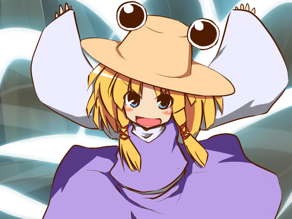 taniya raku, moriya suwako, touhou, 1girl, blonde hair, blue eyes, blush, female focus, hat, skirt, solo