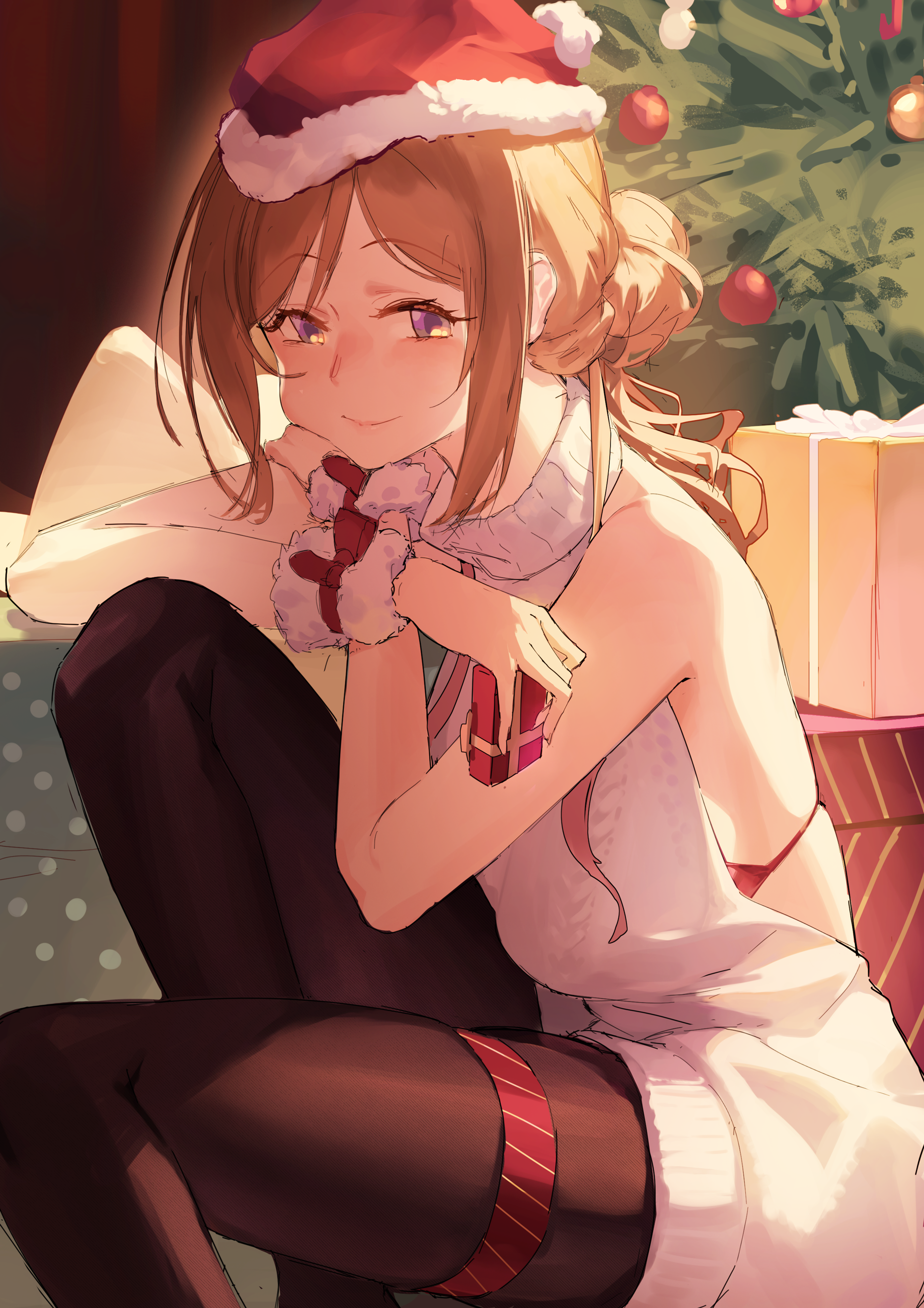 han (ozrfour), himesaki rinami, gakuen idolmaster, idolmaster, absurdres, commentary request, highres, 1girl, alternate costume, bare arms, blush, box, bra, breasts, brown hair, brown pantyhose, christmas tree, dress, feet out of frame, fur-trimmed headwear, fur trim, fur wristbands, gift, gift box, hat, holding, holding box, indoors, knees up, looking at viewer, medium breasts, pantyhose, red bra, red hat, sideless dress, smile, solo, sweater, sweater dress, thigh strap, underwear, white dress