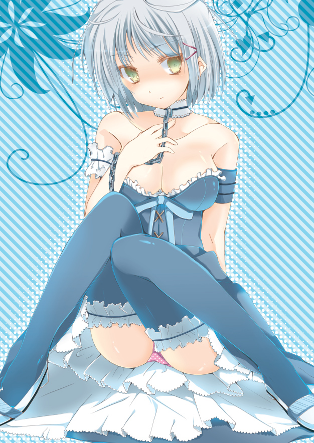 ise (velvet088), aizawa sakuya, hayate no gotoku!, bad id, bad pixiv id, 00s, 1girl, blue hair, breasts, chain, cleavage, dress, female focus, green eyes, panties, pantyshot, short hair, sitting, solo, thighhighs, underwear