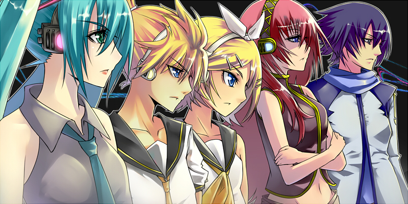 sararajin, hatsune miku, kagamine len, kagamine rin, kaito (vocaloid), megurine luka, vocaloid, bad id, bad pixiv id, 2boys, 3girls, aqua hair, blonde hair, blue eyes, blue hair, blue scarf, green eyes, hair ornament, hair ribbon, hairclip, headphones, long hair, multiple boys, multiple girls, necktie, pink hair, ribbon, scarf, serious, twintails
