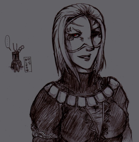 shirousagi (sep7nt), mephistopheles, yurt the silent chief, demon's souls, fromsoftware, armor, helmet, mask, monochrome, red eyes, short hair, smile