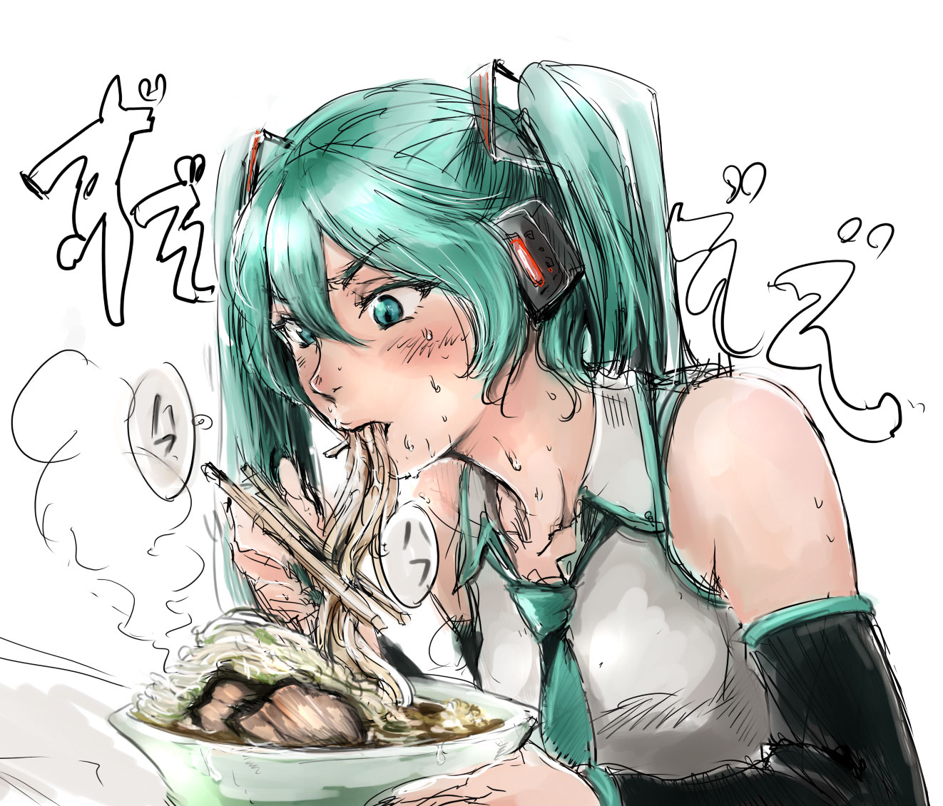 osakana (denpa yun'yun), hatsune miku, vocaloid, bad id, bad pixiv id, 1girl, aqua eyes, aqua hair, blush, bowl, chopsticks, detached sleeves, eating, female focus, food, headphones, holding, holding chopsticks, jirou (ramen), long hair, necktie, noodles, ramen, simple background, sketch, solo, soup, sweat, twintails, white background