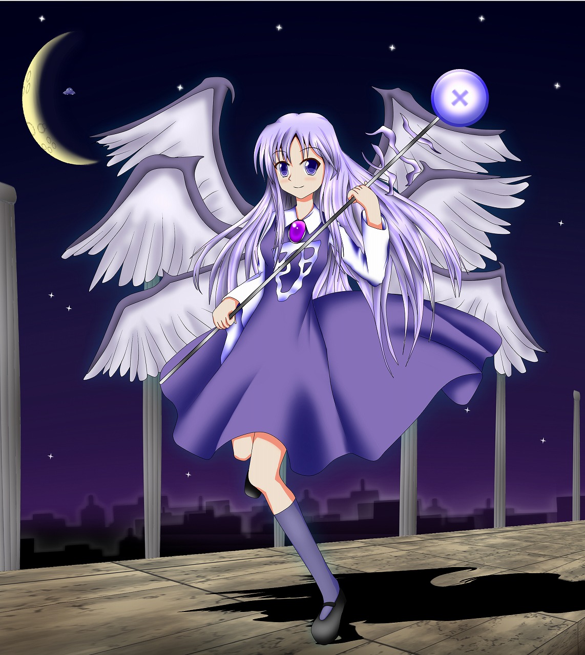 sariel (touhou), highly responsive to prayers, touhou, touhou (pc-98), highres, 1girl, angel, blue eyes, blue hair, female focus, kneehighs, matching hair/eyes, socks, solo, staff, wings