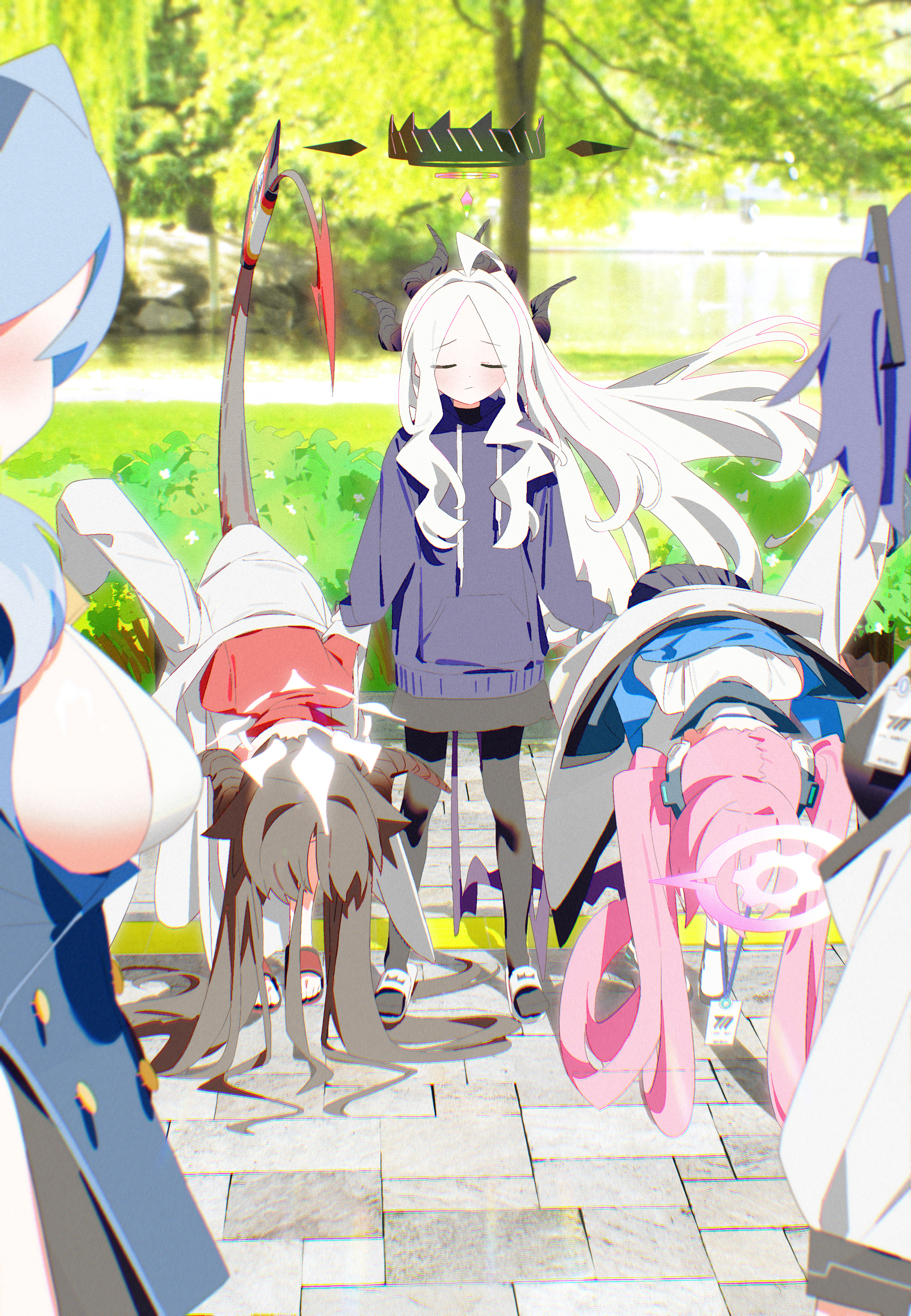 bm tol, ako (blue archive), hina (blue archive), kasumi (blue archive), koyuki (blue archive), yuuka (blue archive), blue archive, absurdres, commentary, highres, 5girls, ahoge, alternate costume, apologizing, black hair, black halo, black horns, black pantyhose, black skirt, black tail, bowing, breasts, brick floor, buttons, closed eyes, closed mouth, coat, demon girl, demon horns, demon tail, dot nose, double-breasted, drawstring, facing viewer, forehead, hair intakes, hair spread out, halo, hood, hoodie, horns, id card, jacket, lab coat, large breasts, long hair, long sleeves, looking at another, medium breasts, millennium science school logo, multiple girls, multiple horns, pantyhose, parted bangs, pink hair, pink halo, plant, red shirt, sandals, shirt, sideboob, sideboob cutout, skirt, sleeves past fingers, sleeves past wrists, standing, tail, tree, twintails, very long hair, white coat, white hair, white halo