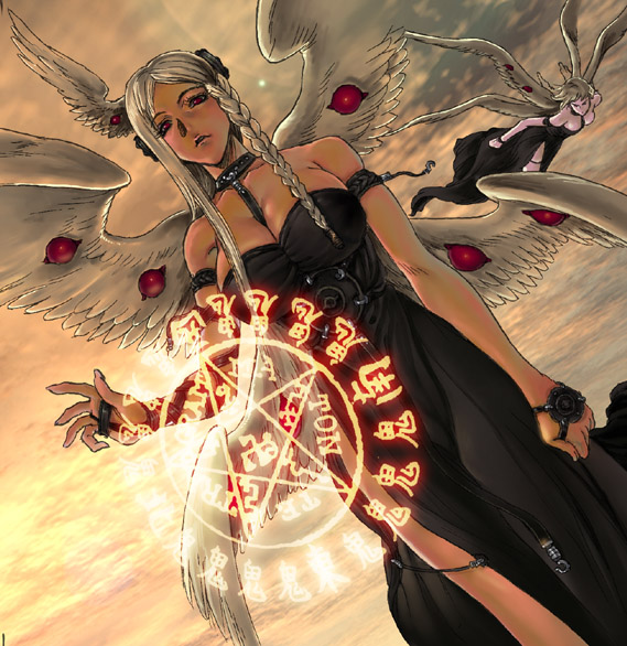 fujiwara hisashi, original, silver hair, 1girl, angel, angel wings, bare shoulders, between breasts, braid, breasts, cleavage, collar, dress, female focus, head wings, lips, magic circle, pentagram, side slit, solo, wings