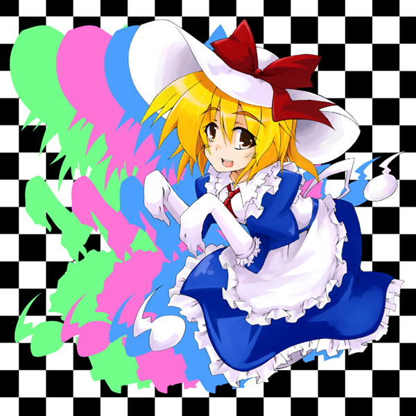hemogurobin a1c, kana anaberal, poltergeist, phantasmagoria of dim.dream, touhou, touhou (pc-98), 1girl, apron, blonde hair, blush, bow, dress, elbow gloves, female focus, gloves, happy, hat, hitodama, ribbon, smile, solo, tareme, yellow eyes
