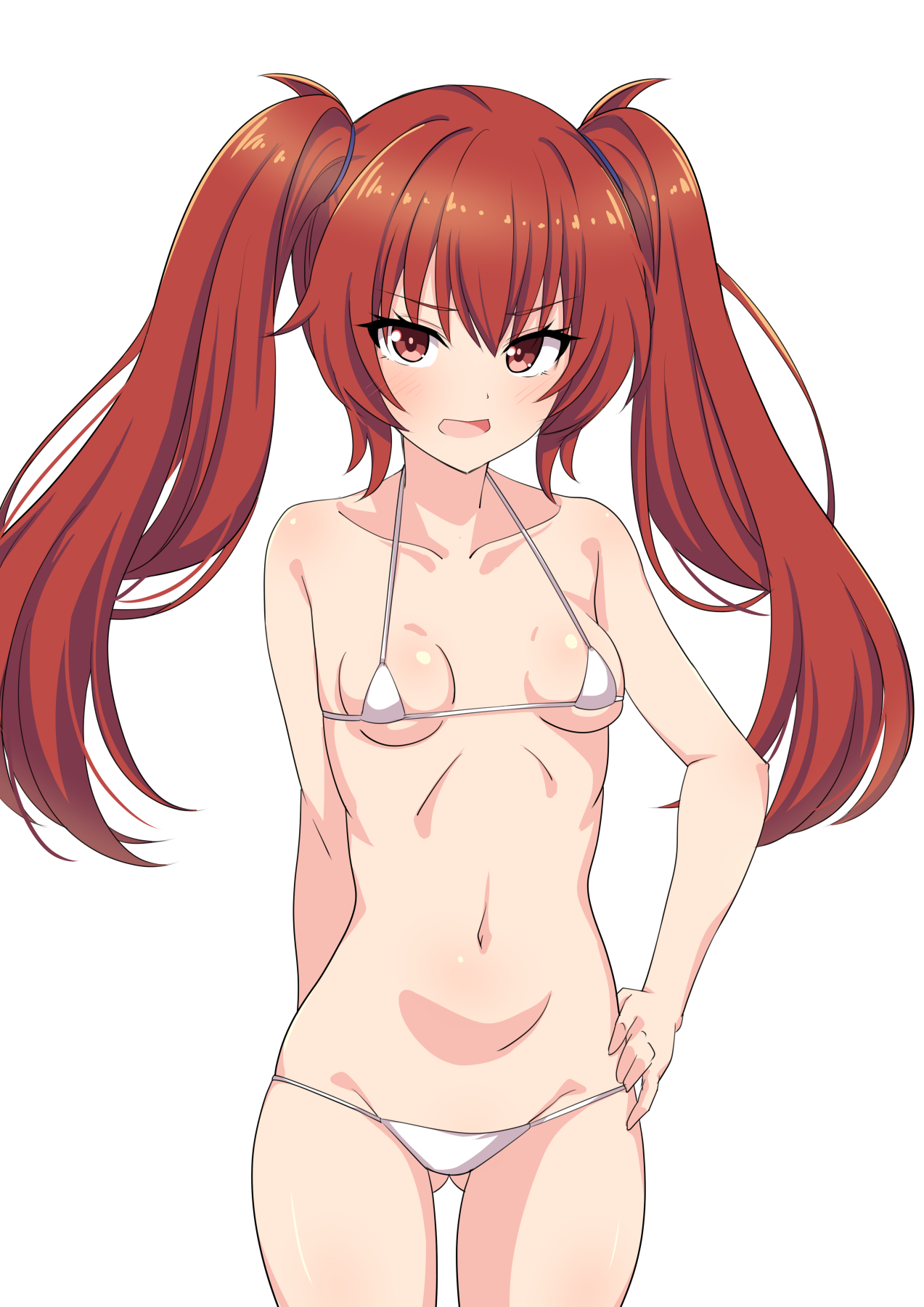 garukichi, cinderella series, hachigatsu no cinderella nine, highres, 1girl, agatsuma sora, arm behind back, bikini, breasts, hand on own hip, long hair, looking at viewer, micro bikini, navel, open mouth, red eyes, red hair, small breasts, solo, swimsuit, twintails, white background, white bikini