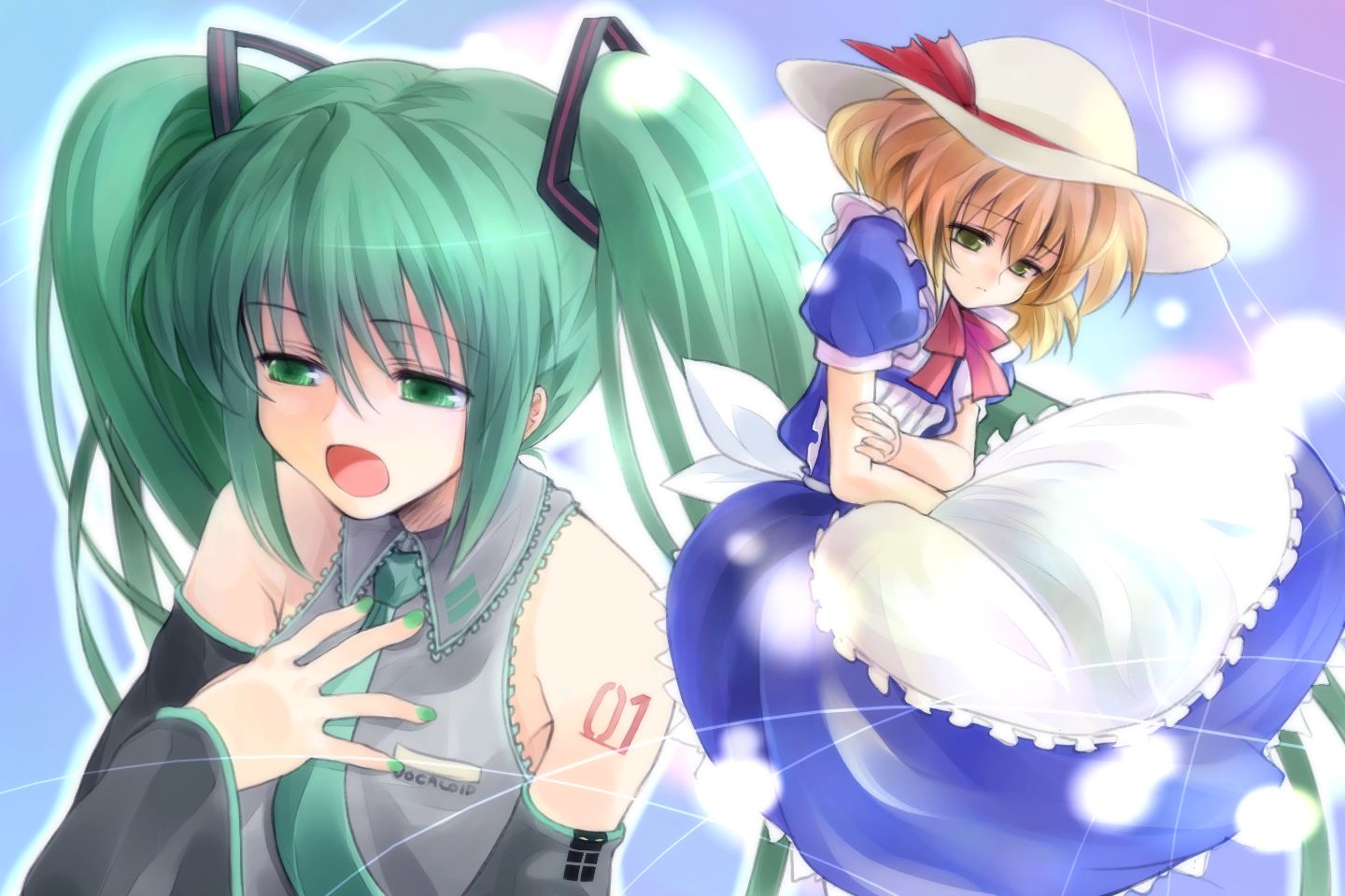 hara takehito, hatsune miku, kana anaberal, poltergeist, phantasmagoria of dim.dream, touhou, touhou (pc-98), vocaloid, 2girls, apron, blonde hair, bow, crossover, detached sleeves, female focus, green eyes, green hair, hat, headphones, multiple girls, music, necktie, singing, twintails, yellow eyes