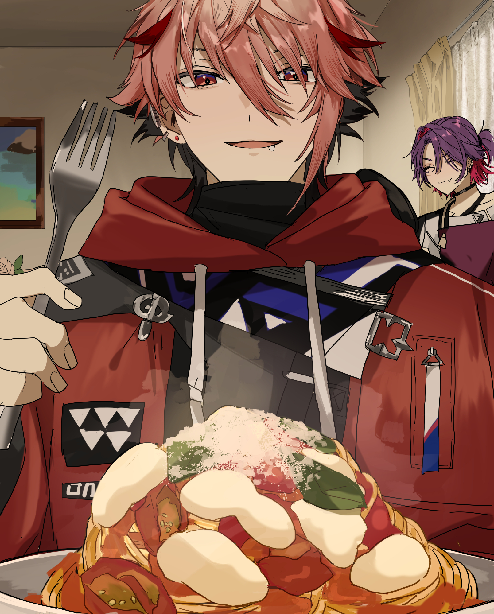 matsuhago, seraph dazzlegarden, watarai hibari, nijisanji, highres, 2boys, ^ ^, closed eyes, closed mouth, drawstring, drooling, fang, fang out, food, fork, hair between eyes, holding, holding fork, hood, hood down, hoodie, indoors, long sleeves, male focus, multiple boys, open mouth, pasta, pink hair, plate, purple hair, red eyes, red hoodie, short hair, skin fang, smile, spaghetti, upper body, virtual youtuber