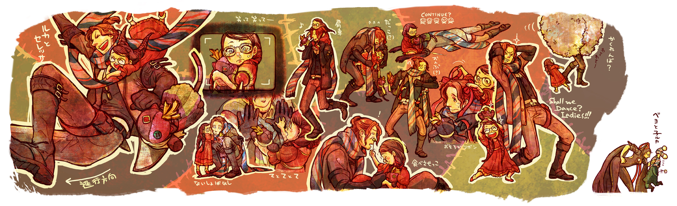 koyahara, milligram, bayonetta, cereza, luka redgrave, bayonetta (series), bayonetta 1, bad id, highres, long image, wide image, 1boy, 2girls, black hair, blue eyes, bow, brown hair, candy, closed eyes, doll, dual persona, food, glasses, hair bow, lollipop, long hair, multiple girls, open mouth, red ribbon, ribbon, scarf, short hair, tears, twintails, whispering