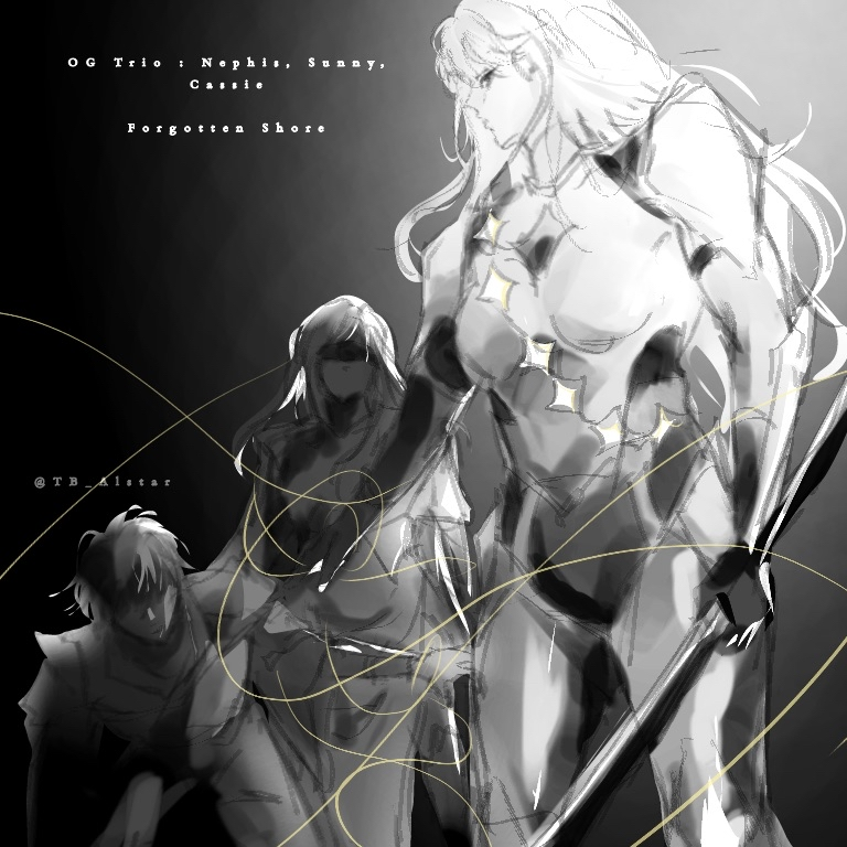 cassie (shadow slave), nephis (shadow slave), sunny (shadow slave), shadow slave, 1boy, 2girls, armor, bent over, blindfold, character name, english text, feet out of frame, holding, holding sword, holding weapon, long hair, multiple girls, shoulder armor, shoulder pads, spot color, star lantern, string, sword, tunic, weapon