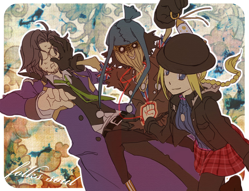 maiki (artist), ellen (folkssoul), keats, scarecrow (folkssoul), folkssoul, blonde hair, blue eyes, brown hair, coat, glasses, hat, jacket, lantern, long hair, miniskirt, ponytail, scarecrow, short hair, skirt, trench coat