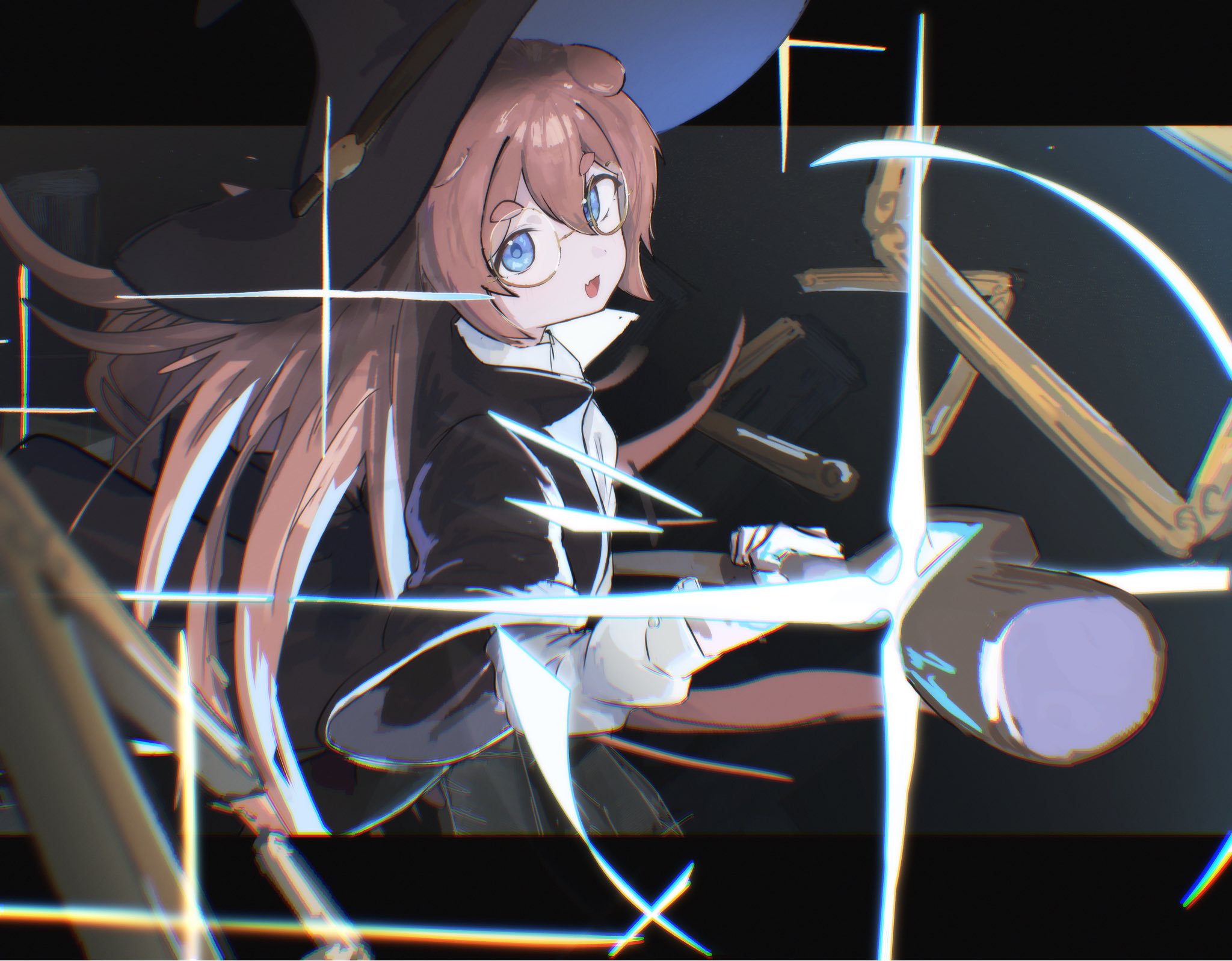 indie virtual youtuber, commentary, highres, 1girl, animal ears, black robe, blue eyes, brown hair, casting spell, dog ears, fish hair ornament, floofo, from above, glasses, hair ornament, hat, holding, holding staff, long hair, mage staff, misoyan, robe, solo, staff, virtual youtuber, wizard hat