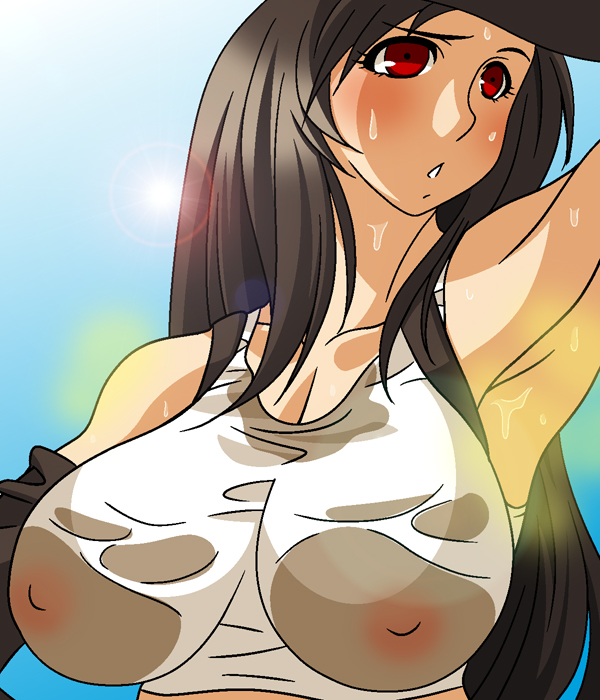 tifa lockhart, final fantasy, final fantasy vii, 1990s (style), 1girl, armpits, breasts, brown hair, female focus, gradient background, large breasts, long hair, nipples, outdoors, red eyes, retro artstyle, see-through clothes, sky, smell, solo, sun, sweat, sweat stain, tank top, upper body