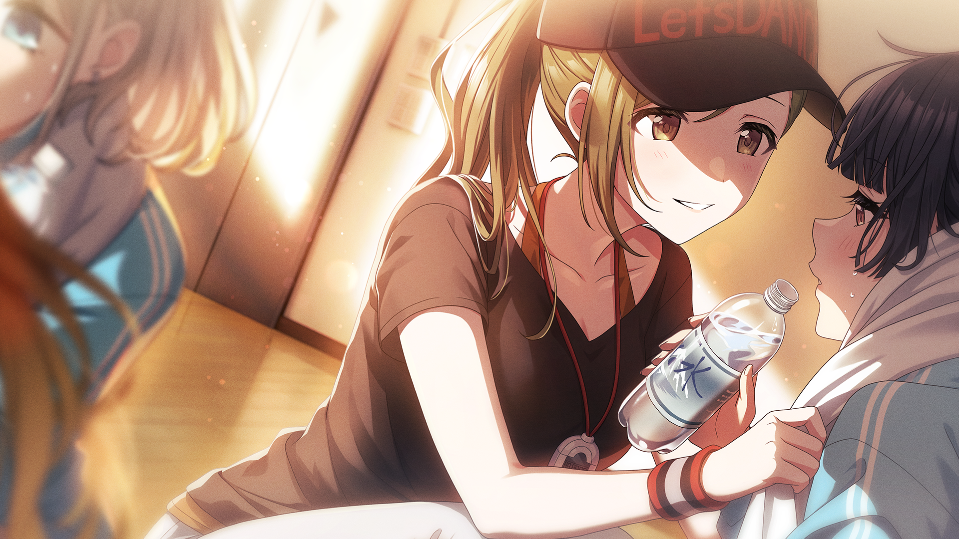 mayuzumi fuyuko, nanakusa hazuki, serizawa asahi, idolmaster, idolmaster shiny colors, idolmaster shiny colors song for prism, game cg, highres, official art, blue eyes, bottle, brown hair, english text, green eyes, green hair, grey hair, hat, orange eyes, ponytail, profile, smile, sportswear, stopwatch, stopwatch around neck, towel, watch, water bottle, wristband
