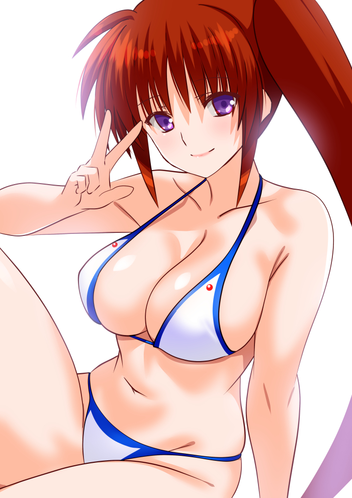 engo (aquawatery), takamachi nanoha, lyrical nanoha, mahou shoujo lyrical nanoha strikers, commentary request, 1girl, bikini, breasts, brown hair, large breasts, long hair, navel, purple eyes, side ponytail, simple background, sitting, smile, solo, swimsuit, v, white background, white bikini