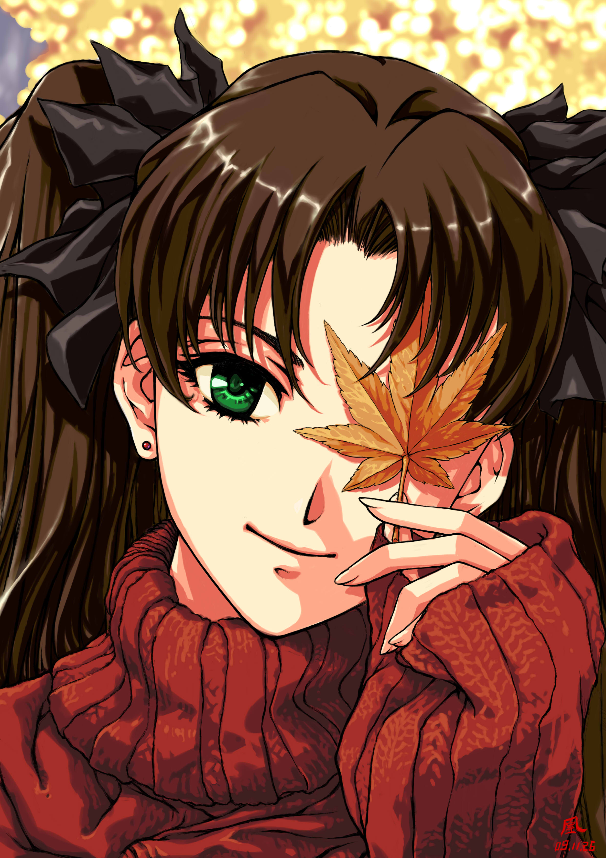jian huang, tohsaka rin, fate/stay night, fate (series), absurdres, highres, 00s, 1girl, black hair, covering one eye, earrings, eyelashes, female focus, green eyes, hair ribbon, jewelry, leaf, long hair, looking at viewer, maple leaf, one eye covered, parted bangs, portrait, ribbon, single earring, smile, solo, stud earrings, sweater, turtleneck, twintails, two side up, upper body