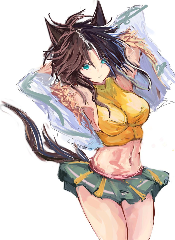 yanagi wakana, mejiro palmer (line breakthrough) (umamusume), mejiro palmer (umamusume), umamusume, 1girl, animal ears, belt, blue eyes, breasts, brown hair, closed mouth, crop top, cropped jacket, fur-trimmed jacket, fur trim, green skirt, horse ears, horse girl, horse tail, jacket, large breasts, long hair, long sleeves, looking at viewer, midriff, multicolored hair, navel, pink belt, ponytail, shirt, simple background, skirt, sleeveless, sleeveless shirt, smile, streaked hair, tail, white background, white hair, white jacket, yellow shirt