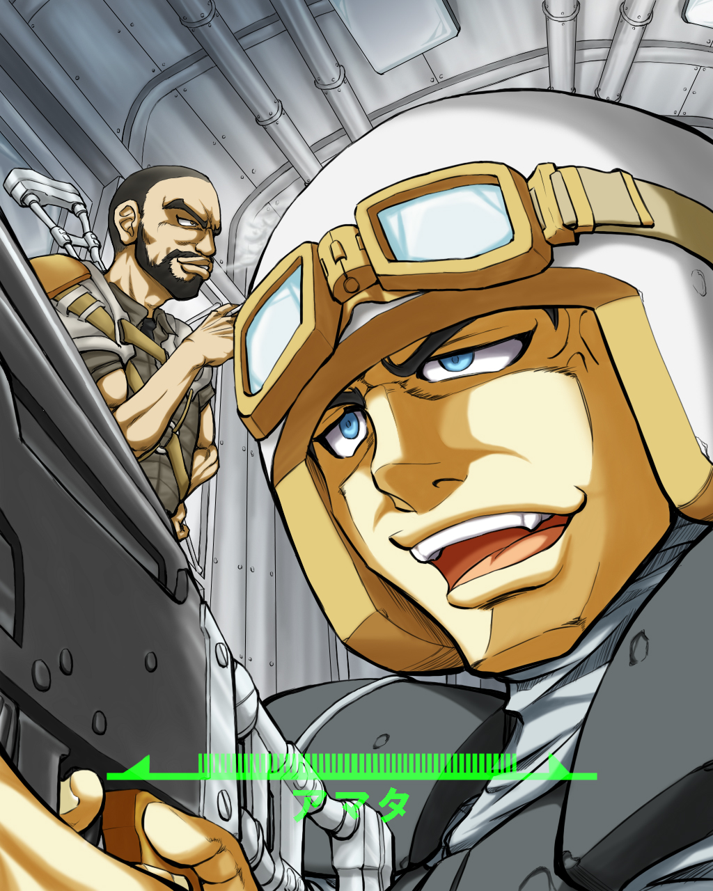 iijima takatoshi, iijimatakatoshi, amata almodovar, jericho, fallout, fallout 3, uniform, bad id, bad pixiv id, highres, translated, 2boys, beard, blue eyes, cigarette, facial hair, gun, health bar, helmet, male focus, multiple boys, rifle, smoking, soldier, weapon