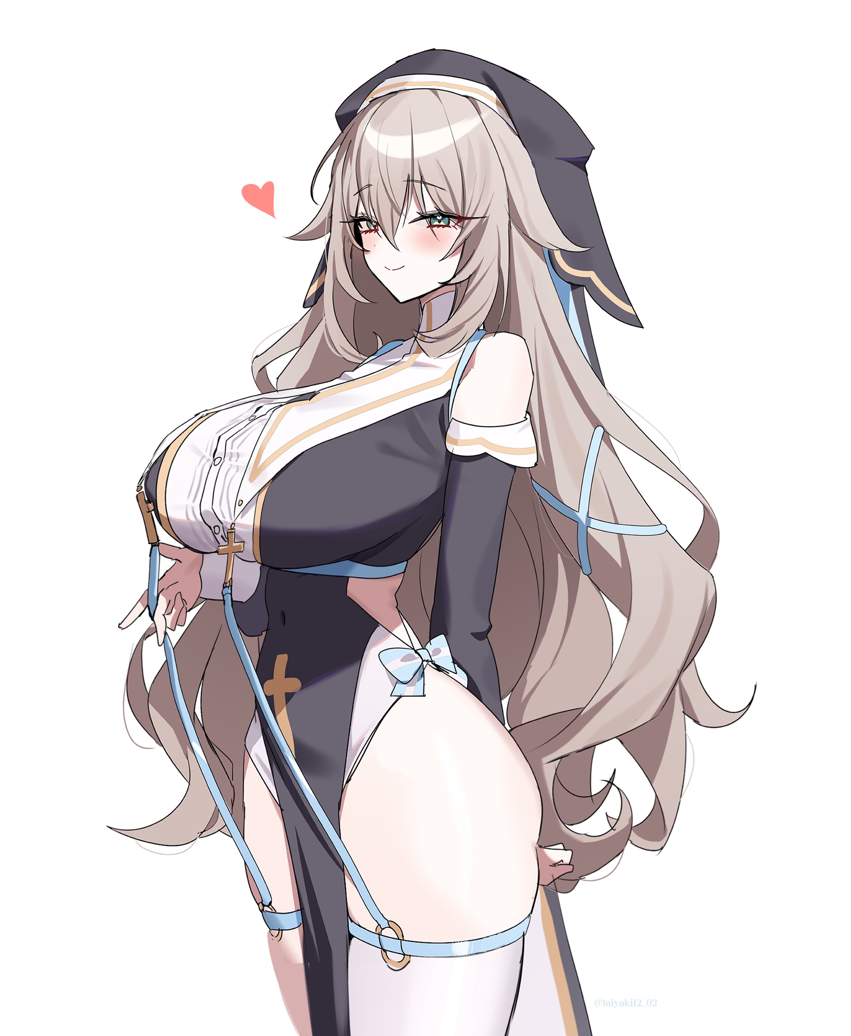 taiyaki12, original, absurdres, highres, 1girl, black dress, breasts, brown hair, detached sleeves, dress, green eyes, huge breasts, long hair, nun, nun headdress, pelvic curtain, single thighhigh, sitting, smile, solo, thighhighs, white background, white thighhighs