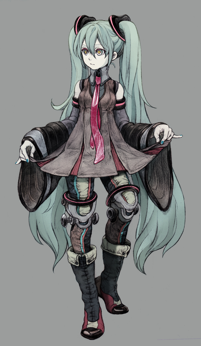 niji, niji (pixiv 355604), hatsune miku, vocaloid, bad id, bad pixiv id, 1girl, alternate costume, aqua eyes, aqua hair, boots, detached sleeves, female focus, full body, long hair, multicolored eyes, necktie, simple background, sketch, solo, twintails, very long hair