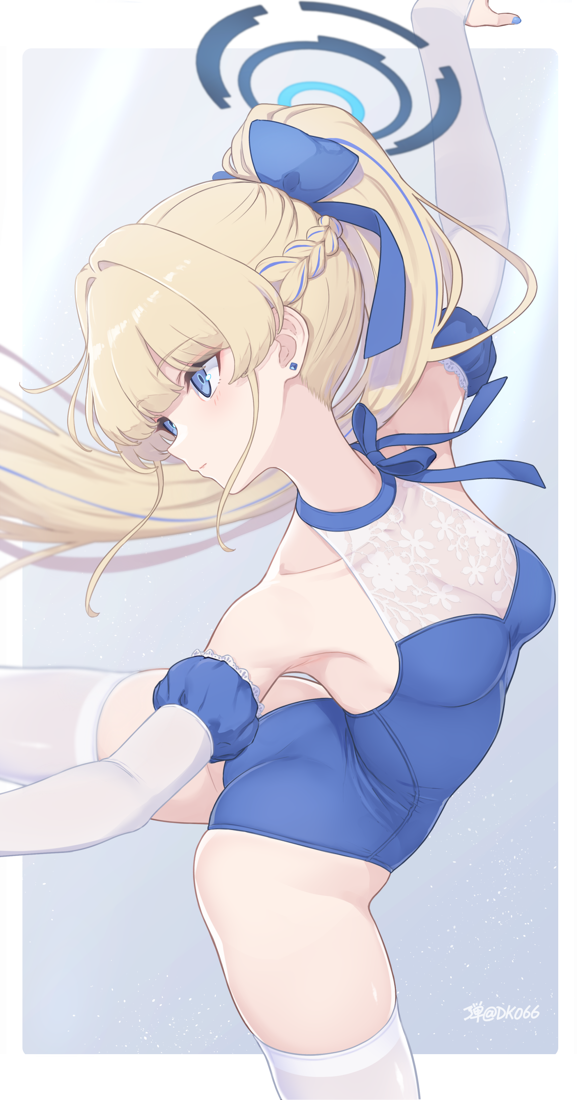 dan (kumadan), toki (blue archive), blue archive, commentary request, highres, revision, 1girl, alternate costume, arabesque (pose), armpits, ass, ballet, blonde hair, blue bow, blue hair, blue leotard, border, bow, braid, breasts, collarbone, earrings, elbow gloves, fingernails, gloves, hair bow, half up braid, halo, highleg, highleg leotard, jewelry, leg up, leotard, long hair, looking to the side, multicolored hair, nail polish, outside border, outstretched arms, ponytail, see-through cleavage, see-through clothes, signature, simple background, skindentation, small breasts, solo, streaked hair, stud earrings, thighhighs, two-tone hair, very long hair, white border, white thighhighs