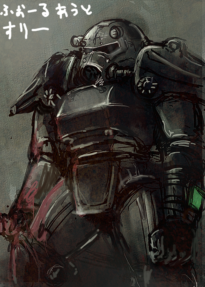 lemin, lone wanderer, fallout, fallout 3, bad id, bad pixiv id, gender request, translated, androgynous, armor, brotherhood of steel, cowboy shot, helmet, hose, machinery, male focus, power armor, solo