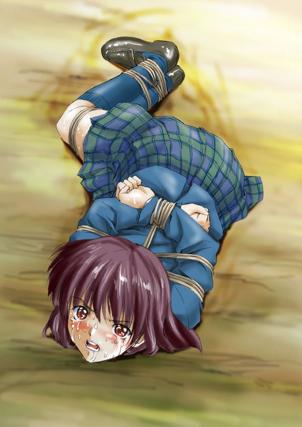 pizza man, 1girl, arms behind back, bdsm, blush, bondage, bound, box tie, brown hair, female focus, full body, kneehighs, lying, red eyes, rope, saliva, scared, school uniform, shibari, socks, solo, sweat, tears, teeth