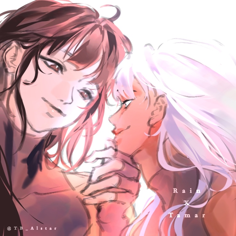 rain (shadow slave), shadow slave, 2girls, black eyes, black hair, black shirt, hand on another's chin, high collar, looking at another, multiple girls, shirt, sidelocks, sleeveless, sleeveless shirt, smile, star lantern, tamar (shadow slave), upper body, white eyes, white hair, yuri