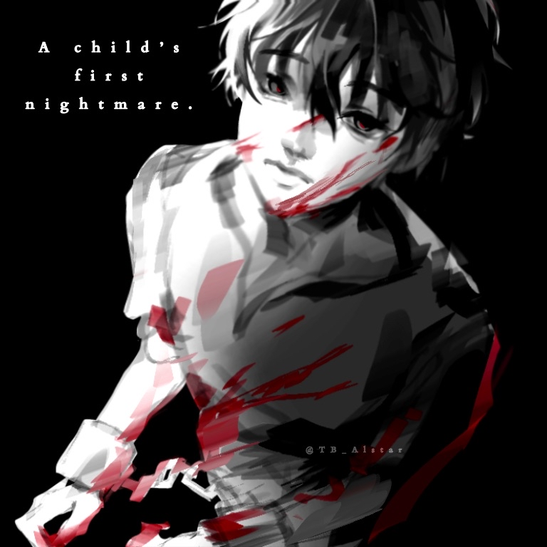sunny (shadow slave), shadow slave, 1boy, black eyes, black hair, blood, blood splatter, bound, bound wrists, chain, cuffs, english text, expressionless, from above, looking at viewer, male focus, partially colored, shackles, shirt, short hair, solo, star lantern, torn clothes, torn shirt