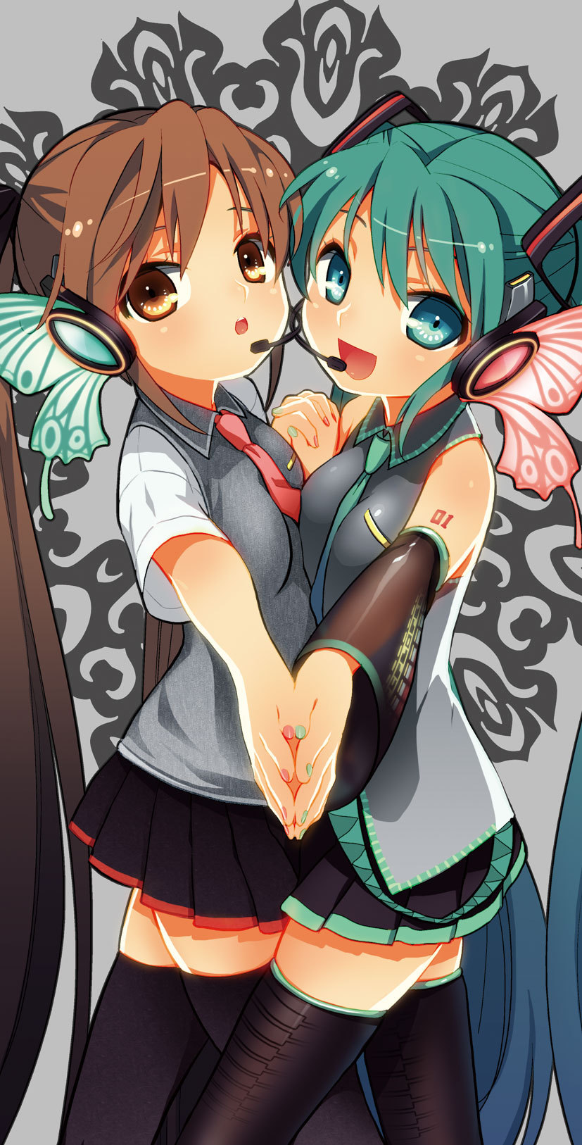 mao yu, hatsune miku, magnet (vocaloid), vocaloid, commentary, highres, 2girls, aqua eyes, aqua hair, breast press, breasts, brown eyes, brown hair, butterfly hair ornament, butterfly wings, detached sleeves, dual persona, hair ornament, headphones, headset, insect wings, long hair, multiple girls, necktie, open mouth, skirt, smile, symmetrical docking, symmetrical hand pose, thighhighs, twintails, very long hair, wings, zettai ryouiki