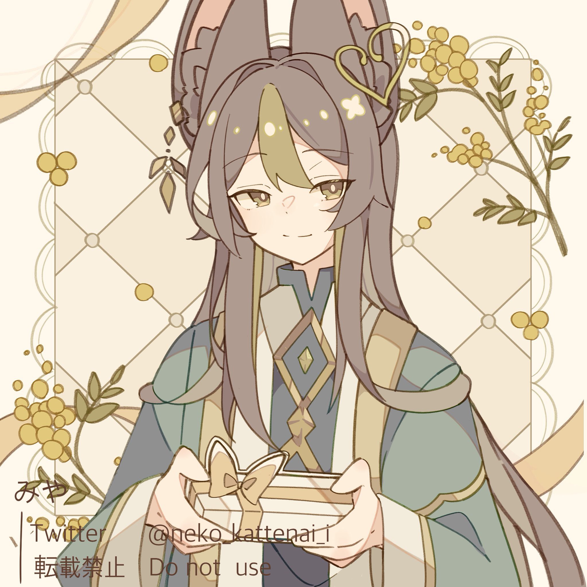 neko kattenai i, tighnari (genshin impact), genshin impact, commentary request, highres, 1boy, alternate hair length, alternate hairstyle, animal ear fluff, animal ear piercing, animal ears, black hair, black shirt, box, closed mouth, collared shirt, double-parted bangs, flower, gift, gift box, green eyes, green hair, heart, holding, holding gift, leaf, long hair, looking to the side, male focus, multicolored hair, plant, ribbon, robe, shirt, sideways glance, smile, solo, streaked hair, very long hair, yellow flower