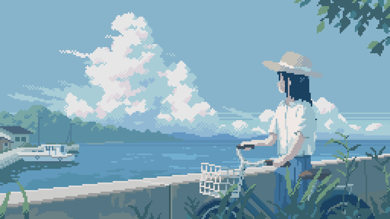 original, animated, animated gif, looping animation, 1girl, bicycle, bicycle basket, black hair, blue skirt, blue sky, boat, building, cloud, day, dithering, dock, faceless, faceless female, hat, kanashino, lake, long hair, outdoors, pixel art, scenery, shirt, skirt, sky, solo, water, watercraft, white shirt