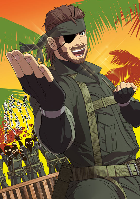 hinoe (dd works), big boss, naked snake, konami, metal gear (series), metal gear solid: peace walker, metal gear solid 3: snake eater, bandana, eyepatch, fighting stance, jumpsuit