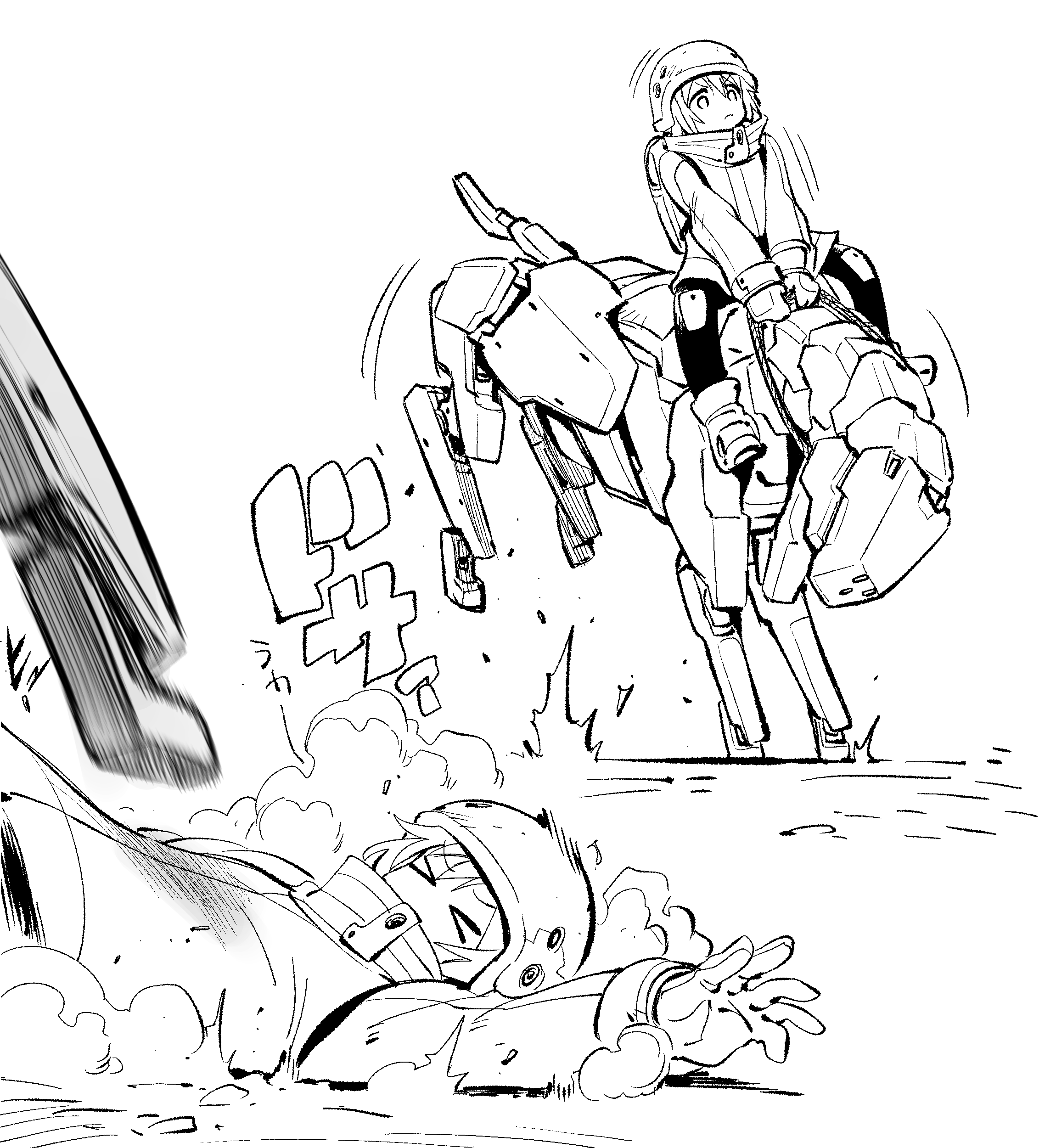 kato takuji, original, absurdres, highres, > <, 1girl, boots, dust, falling, gloves, helmet, hooves, imminent injury, jacket, knee pads, monochrome, motion blur, non-humanoid robot, pet robot hunter (kato takuji), reins, riding, robot, robot animal, robot horse, rodeo, stomping